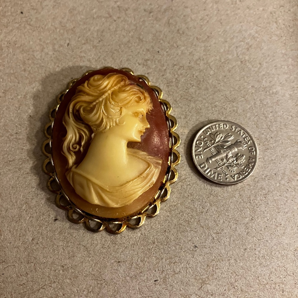 Vintage  Cameo Brooch Pendant in Cream and Brown